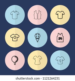 Set of 9 tee outline icons such as t-shirt, golf, t-shirt with heart