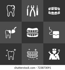 Set Of 9 Teeth Icons Set.Collection Of Orthodontist, Decay, Stabilize And Other Elements.