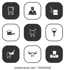 Set Of 9 Teeth Icons Set.Collection Of Dentist, Procedure, Implantation And Other Elements.