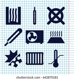 Set of 9 temperature filled icons such as no dry cleaning, themometer, thermometer, air conditioner, cold and hote mode, radiator, heating system in car