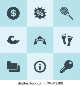 Set of 9 template filled icons such as banner, folder, money, sale, information, tennis, wave, footprint