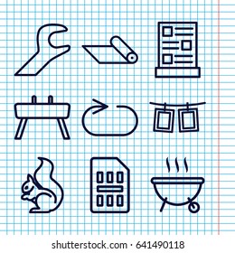 Set of 9 template outline icons such as squirrel, reload replay, photos on rope, wrench, menu, sim card, carpet, barbeque