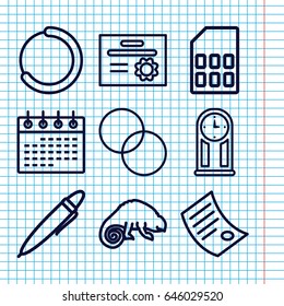 Set of 9 template outline icons such as chameleon, calendar, circle intersection, pen, document, memory card, pendulum, diploma