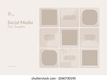 Set Of 9 Template Social Media Instagram Design Post  With Puzzle And Pastel Theme. Suitable For Ads, Sale Banner Poster, Advertising, Promotion Product, Fashion, Beauty, Salon, Presentation, Cosmetic