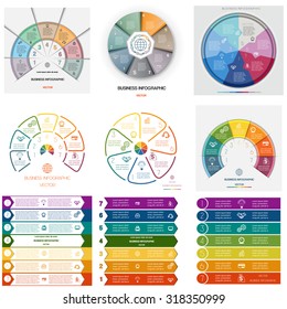 Set 9 templates. Infographics for business conceptual cyclic processes on seven positions possible to use for workflow, banner, diagram, web design, timeline, area chart 