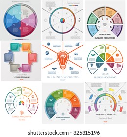 Set 9 templates, Infographics business conceptual cyclic processes, six positions for text area, possible to use for workflow, banner, diagram, web design, timeline, area chart 