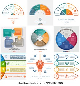 Set 9 templates, Infographics business conceptual cyclic processes, four positions for text area, possible to use for workflow, banner, diagram, web design, timeline, area chart