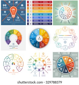 Set 9 templates, Infographics business conceptual cyclic processes, eight positions for text area, possible to use for workflow, banner, diagram, web design, timeline, area chart