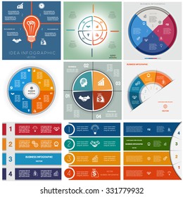 Set 9 templates, Infographics business conceptual cyclic processes, four positions for text area, possible to use for workflow, banner, diagram, web design, timeline, area chart