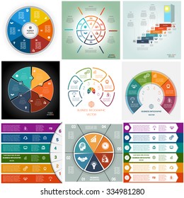 Set 9 templates, Infographics business conceptual cyclic processes, six positions for text area, possible to use for workflow, banner, diagram, web design, timeline, area chart