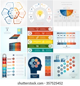 Set 9 templates Infographics business conceptual cyclic processes for six positions text area, possible to use for workflow, banner, diagram, web design, timeline, area chart