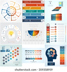 Set 9 templates Infographics business conceptual cyclic processes for seven positions text area, possible to use for workflow, banner, diagram, web design, timeline, area chart