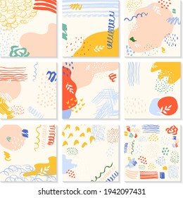 Set with 9 templates in Memphis style for social media, post, story, web, paper, print, card design. Vector illustration. Line, points, spots, simple shapes, primitive. Space for text.