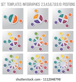 Set 9 templates, pie chart diagram infographics for business conceptual cyclic processes on 2, 3, 4, 5, 6, 7, 8, 9, 10 positions possible to use for work flow, banner, diagram, web design, time line