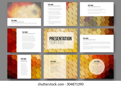 Set of 9 templates for presentation slides. Colorful geometric backgrounds, abstract hexagonal vector patterns.