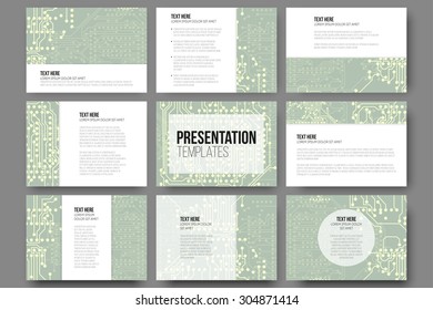Set of 9 templates for presentation slides. Microchip backgrounds, electrical circuits backdrops. Business patterns, science vector design.