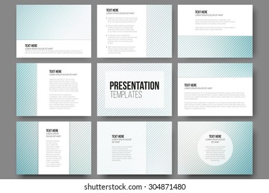Set of 9 templates for presentation slides. Diagonal lines patterns, pastel vector backgrounds.