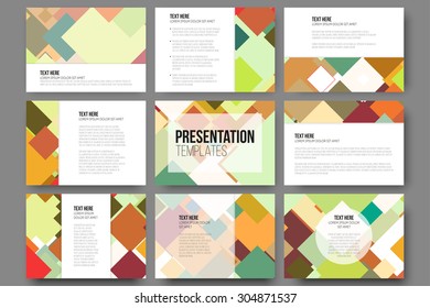 Set of 9 templates for presentation slides. Abstract colored backgrounds, square design vectors.