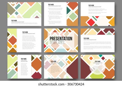 Set of 9 templates for presentation slides. Abstract colored backgrounds, square design vectors.