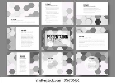 Set of 9 templates for presentation slides. Geometric gray backgrounds, abstract hexagonal vector patterns.