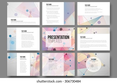 Set of 9 templates for presentation slides. Abstract colored backgrounds, triangle design vectors.