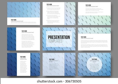 Set of 9 templates for presentation slides. Geometric blue backgrounds, abstract hexagonal vector patterns.