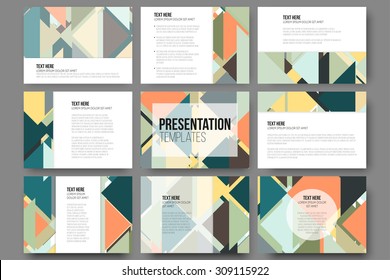 Set of 9 templates for presentation slides. Abstract colored backgrounds, triangular design vectors.