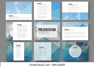 Set of 9 templates for presentation slides. Abstract blue backgrounds. Triangle design vectors.