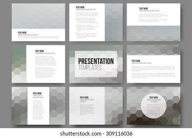 Set of 9 templates for presentation slides. Geometric blurred backgrounds, abstract hexagonal vector patterns.