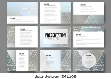 Set of 9 templates for presentation slides. Minimalistic geometric blurred vector backgrounds.