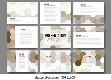Set of 9 templates for presentation slides. Colorful geometric backgrounds, abstract hexagonal vector patterns.