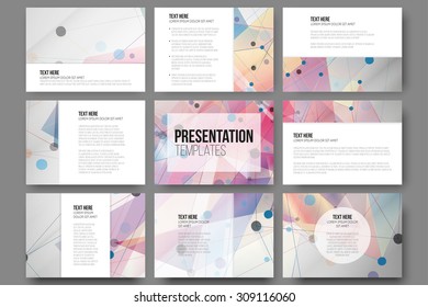 Set of 9 templates for presentation slides. Abstract colored backgrounds, triangle design vectors.