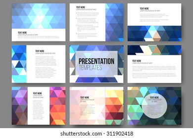 Set of 9 templates for presentation slides. Abstract vibrant backgrounds. Triangle design vectors.