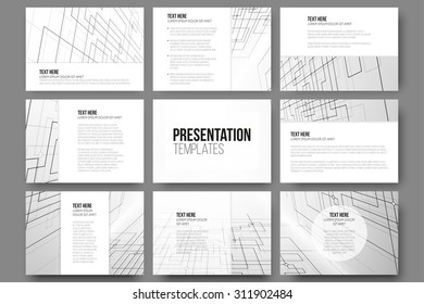 Set of 9 templates for presentation slides. Abstract vector backgrounds. Technical construction with connected lines and dots.