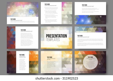 Set of 9 templates for presentation slides. Abstract vibrant backgrounds. Triangle design vectors.
