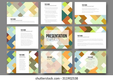 Set of 9 templates for presentation slides. Abstract colored backgrounds, square design vectors.