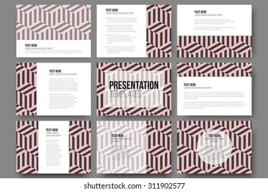 Set of 9 templates for presentation slides. Modern stylish geometric backgrounds with cubes. Simple abstract monochrome vector texture.