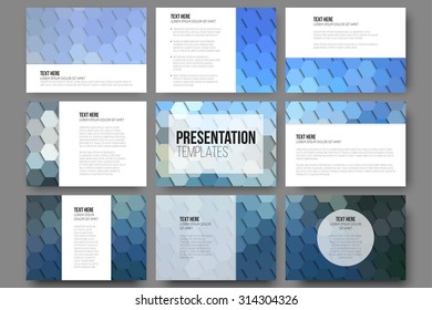 Set of 9 templates for presentation slides. Geometric blue backgrounds, abstract hexagonal vector patterns.