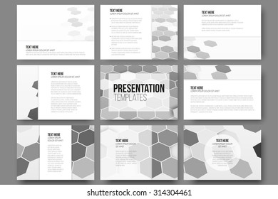 Set of 9 templates for presentation slides. Geometric gray backgrounds, abstract hexagonal vector patterns.