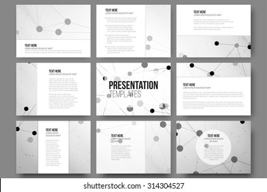 Set of 9 templates for presentation slides. Abstract gray backgrounds, triangle design vectors.