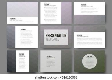 Set of 9 templates for presentation slides. Geometric blurred backgrounds, abstract hexagonal vector patterns.