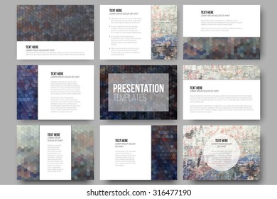 Set of 9 templates for presentation slides. Graffiti wall. Collection of abstract multicolored backgrounds. Geometrical patterns. Triangular and hexagonal style vector.