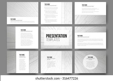Set of 9 templates for presentation slides. Geometric gray backgrounds, abstract hexagonal vector patterns.