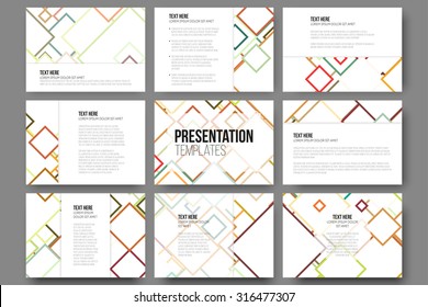 Set of 9 templates for presentation slides. Abstract colored backgrounds, square design vectors.
