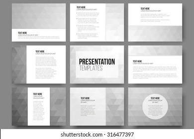 Set of 9 templates for presentation slides. Abstract gray backgrounds. Triangle design vectors.