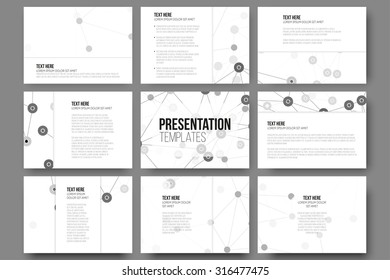 Set of 9 templates for presentation slides. Molecule structure, white science backgrounds for communication, vector illustration