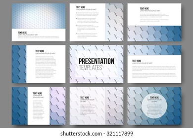 Set of 9 templates for presentation slides. Geometric blue backgrounds, abstract hexagonal vector patterns.