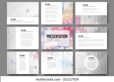 Set of 9 templates for presentation slides. Abstract vibrant backgrounds. Triangle design vectors.
