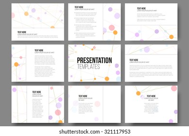 Set of 9 templates for presentation slides. Molecule structure, white science backgrounds for communication, vector illustration
