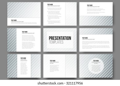 Set of 9 templates for presentation slides. Diagonal lines patterns, pastel vector backgrounds.